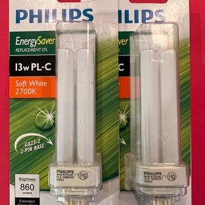 2 Light Bulb Replacement CFL 13w PL-C Soft White GX23-2 Philips 2700K 2-Pin Base